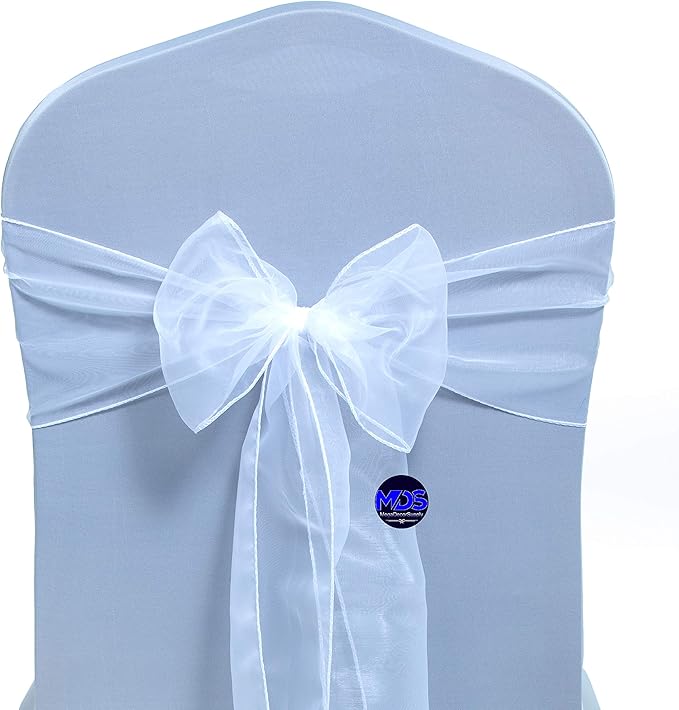MDS Pack of 250 PCS Organza Chair Sashes Wider Dining Chair Bows Ribbon Tie Back for Wedding Party Birthday Bridal Shower Reception Event Banquet Home Chair Cover Decoration - White