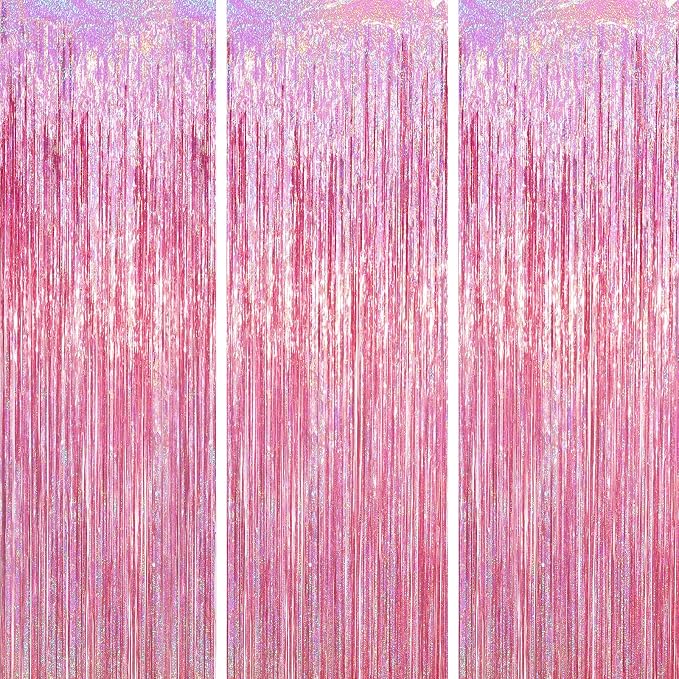 Voircoloria Pink Foil Fringe Backdrop Curtains, Birthday Party Decorations by Voircoloria