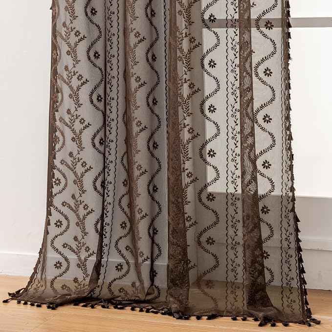 WAZZIO Boho Lace Curtains 2 Panels 63 Inch -Victorian Sheer Panel Drape French by WAZZIO