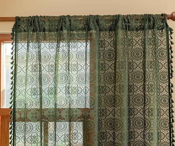YJ YANJUN Boho Lace Curtains, Dark Green, 2 Panels | Vintage Floral Crochet - Image 2