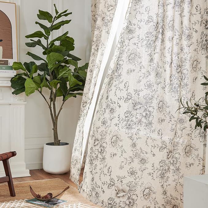 jinchan Black Floral Linen Curtains 84 Inch Farmhouse Back Tab 2 Panels | Light - Image 7