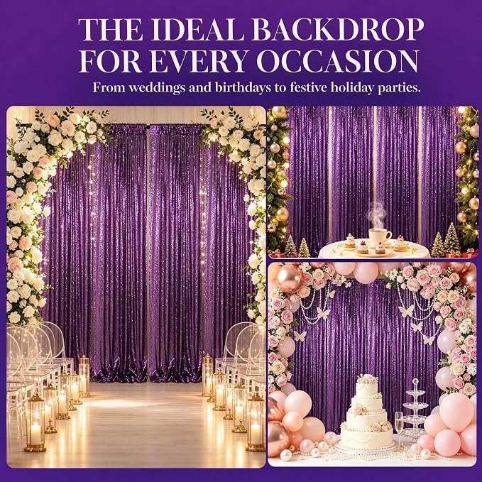 ShinyBeauty Purple Sequin Backdrop Curtains 4 Panels 2x8ft Photo Booth | - Image 5