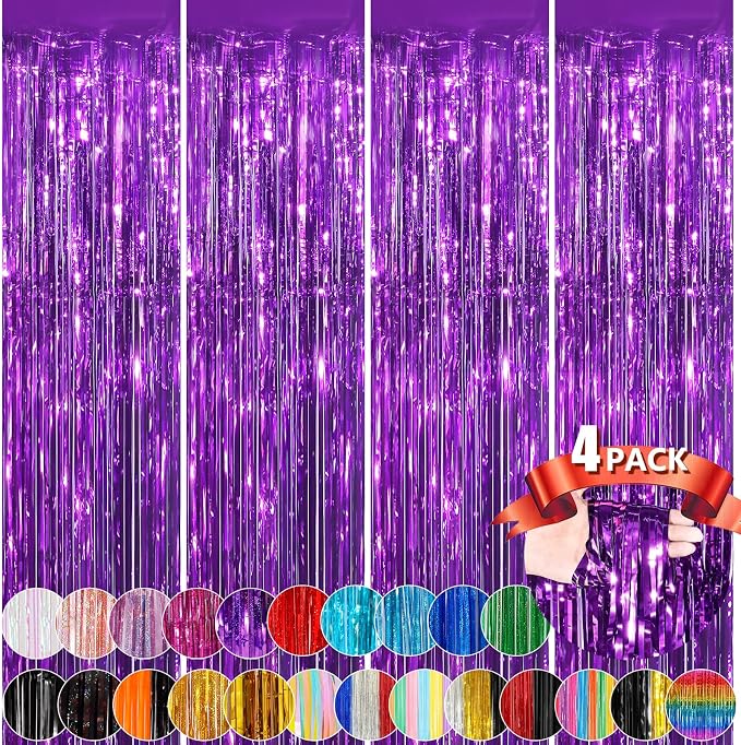 Purple Metallic Tinsel Foil Fringe Curtains, 4 Pack 3.3x8.3 Feet Party Streamer by NUWDHP