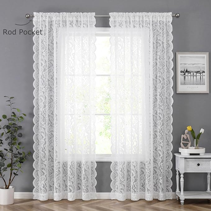 Bujasso White Lace Sheer Curtains Vintage Floral Sheer Curtain Panels 95 inch - Image 7