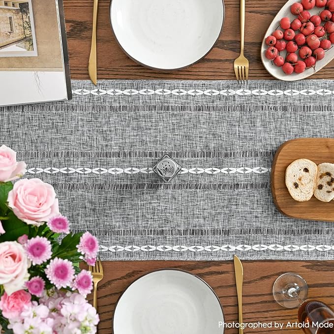 Artoid Mode Dark Grey Rustic Cotton Linen Table Runner, Seasonal Embroidered Hollow Kitchen Dining Table Decoration for Home Party Decor 13x108 Inch