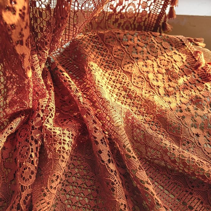 WAZZIO Boho Lace Curtains 63 Inches 2 Panel, Light Filtering Privacy Tassel & - Image 8