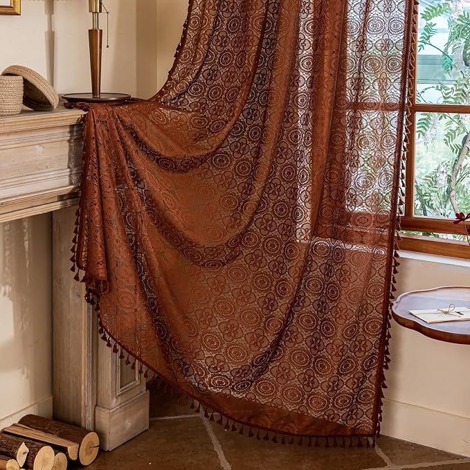 YJ YANJUN Boho Lace Curtains, 59x96 inch, Camrel Brown Sheer Window Panels | - Image 2