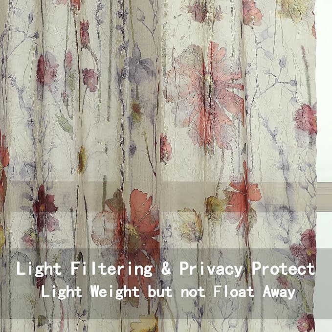 Crushed Sheer Curtains 63 Inches Length 2 Panels Set, Sheer Floral Curtians - Image 3