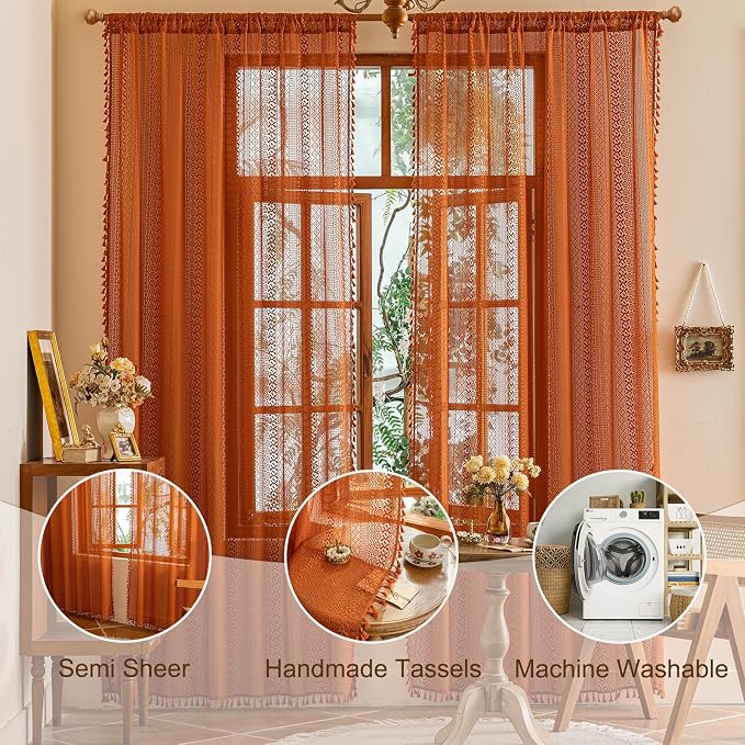 Sutuo Home Terracotta Boho Lace Curtains 2 Panels 84 Inches Long - Image 3