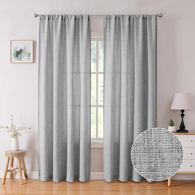 Tollpiz Linen Curtain Bedroom Rod Pocket Semi Sheer Curtains Burlap Light by Tollpiz