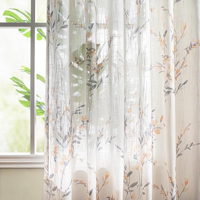 MYSKY HOME Kitchen Window Curtains Linen Sheer Drapes 45 Inches Long Floral - Image 2