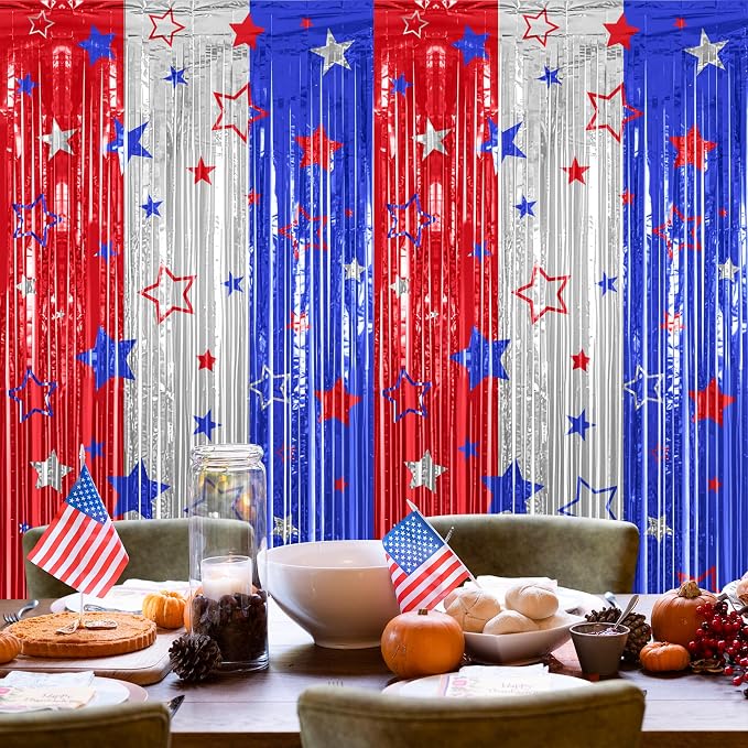 ZATAYE 2 Pack Red Silver Blue Foil Curtain Streamer Decorations | Red Silver - Image 6