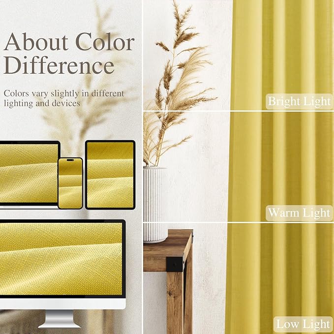 Celery Yellow Linen Curtains 108 Inches Long 2 Panels Set Back Tab Loop Pocket - Image 3