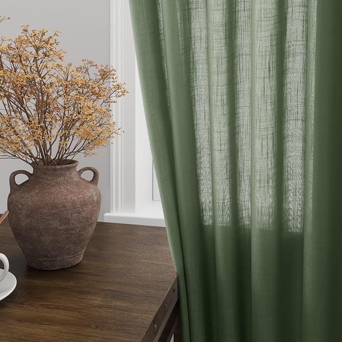 Olive Green Linen Curtains for Living Room 2 Panels Set 126 Inch Length Back - Image 2