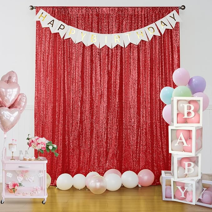 Sugargirl Red Sequin Backdrop Curtain 10FTx10FT Glitter Red Background Drapes - Image 2