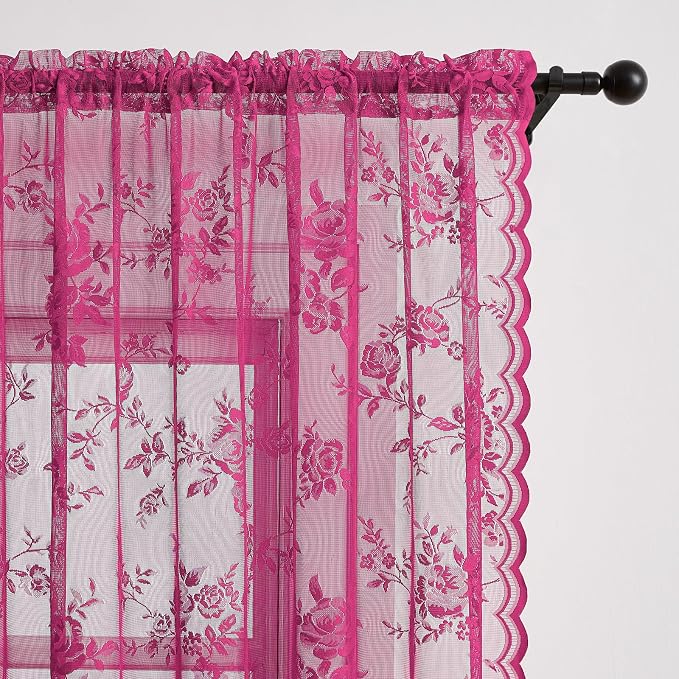 108 Inch Raspberry Lace Curtains Rod Pocket Large 3D Floral Embroidery Semi - Image 3