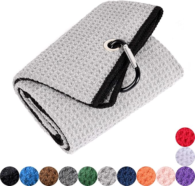 Mile High Life Microfiber Waffle Pattern Golf Towel | Club Groove Cleaner Brush | Foldable Divot Tool with Magnetic Ball Marker (Gray Towel/Brush/Fish Divot)