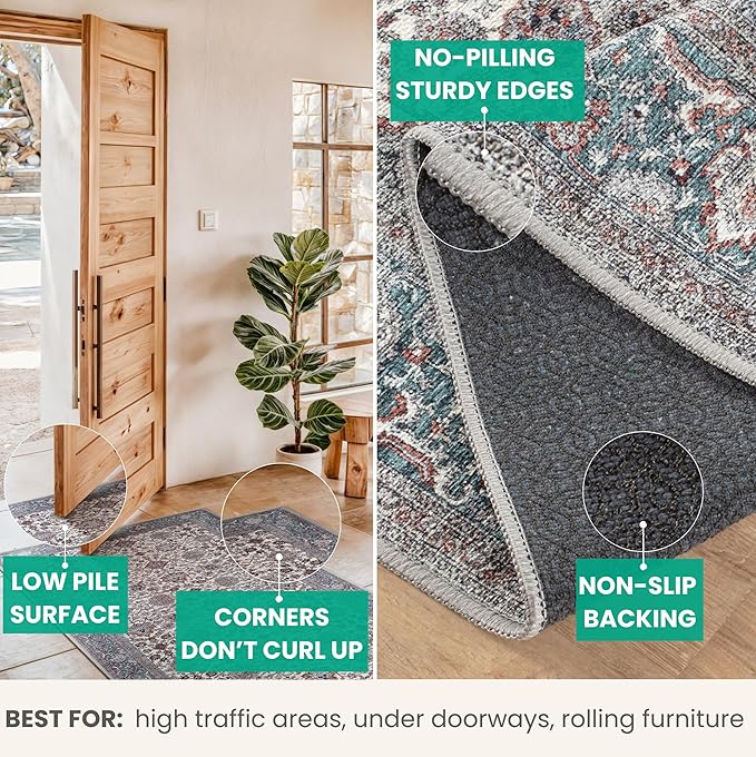 Bloom Rugs Washable Non-Slip 9' x 12' Rug - Teal/Blue/Beige Traditional Oriental Area Rug for Living Room, Bedroom, Dining Room, and Kitchen - Exact Size: 9' x 12'