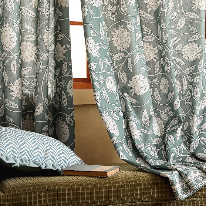 Designer Vintage Linen Printed Curtains, 2 Panels, Floral Pattern Draps - Image 2