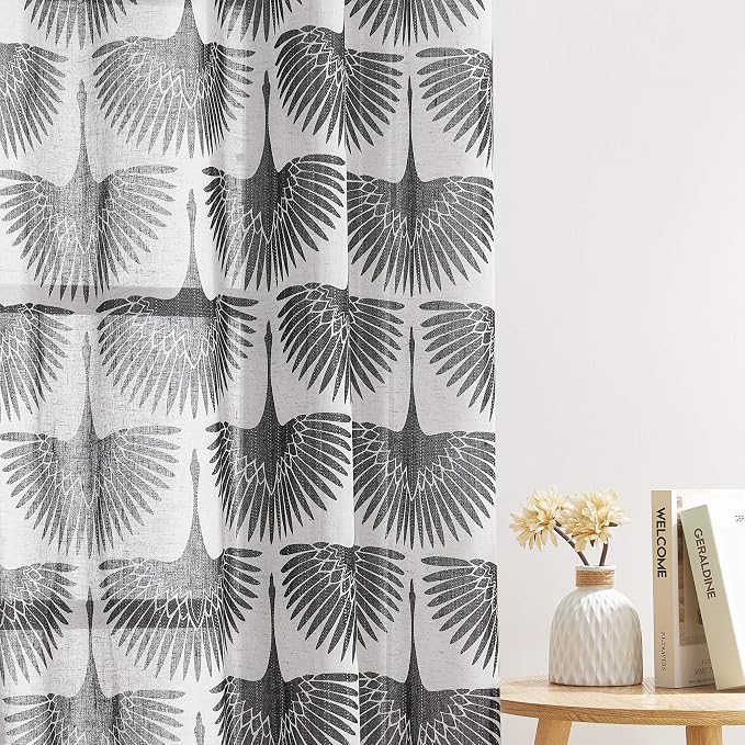 KGORGE Semi Sheer Curtains 52" W x 108" L 2 Panels Black- Bird Pattern | - Image 4