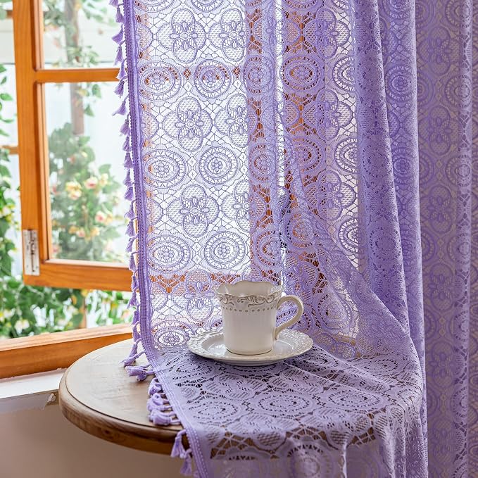 YJ YANJUN Boho Lace Curtains, Light Purple Sheer Panels, 59x96 inch, Pair | by YJYANJUN