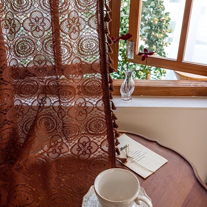 YJ YANJUN Boho Lace Curtains, Camrel Brown Sheer Window Panels | Vintage Floral - Image 2