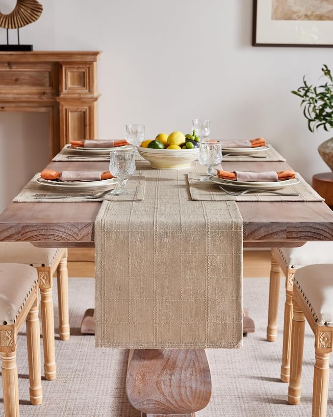 Linen Checked Farmhouse Table Runner, 13x36 Inches Taupe | Raised Grid Design - Image 2