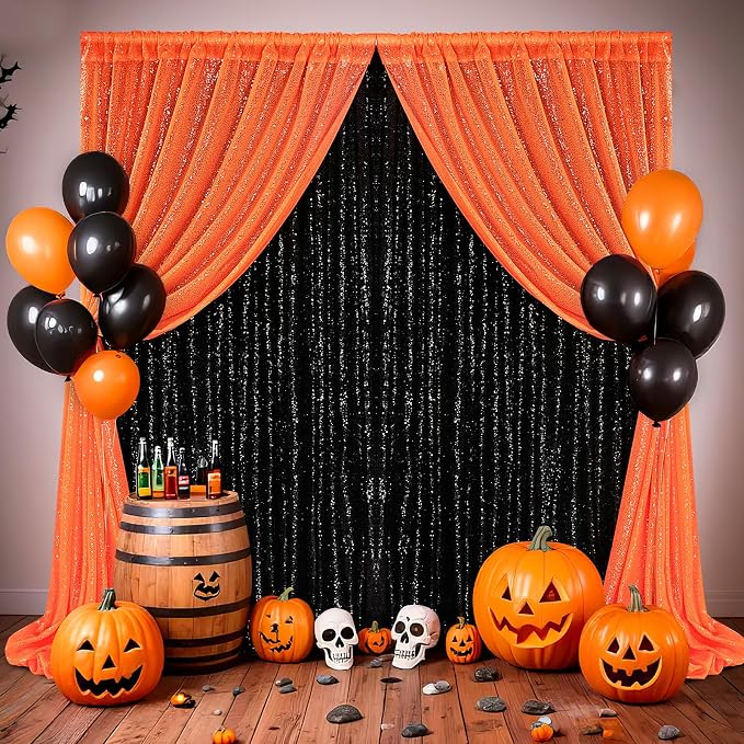Orange Glitter Sequin Backdrop Curtains 2 Pcs 5FTx10FT Baby Shower Party - Image 6
