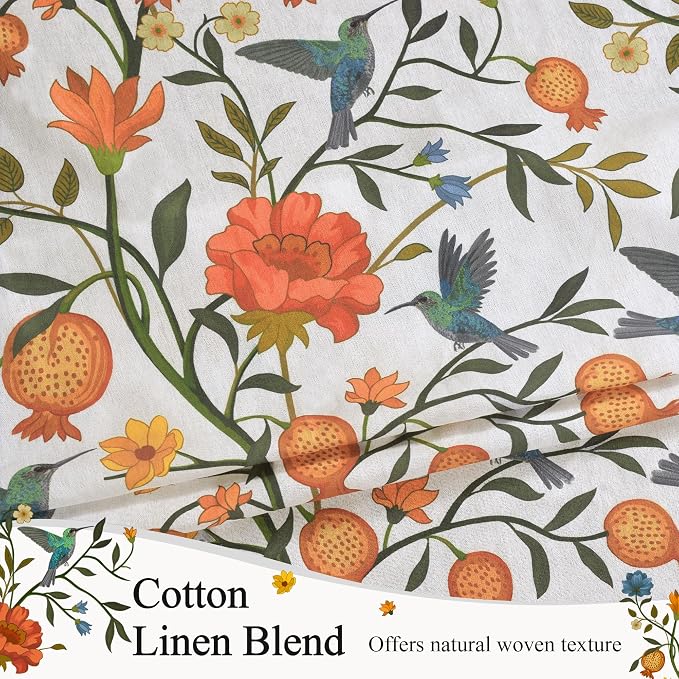 72 Inch Boho Floral Curtains Tropical Bird Print Linen Semi Sheer Window Drapes - Image 4