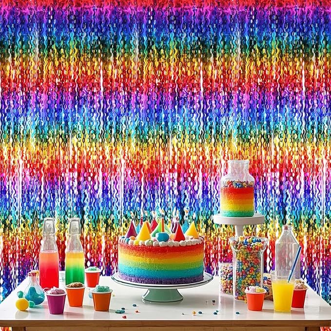 2 Pack Colorful Wavy Foil Fringe Curtain Backdrop, 3.3 X 6.6 Ft Rainbow Wavy - Image 3