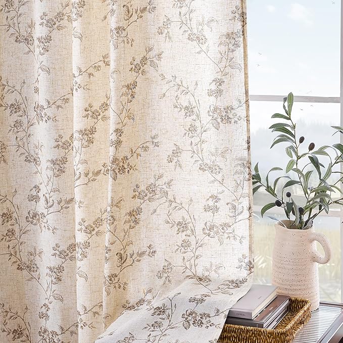 Taupe Vintage Floral Linen Curtains Farmhouse 38W X 96L 2 Panels | Elisa Series - Image 5