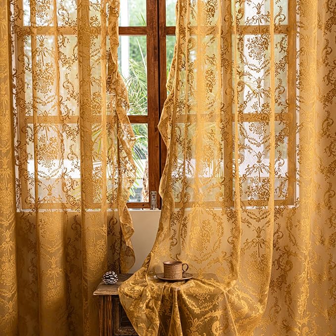 Deeprove Gold Lace Curtains 63 inches Length 2 Panels Set Sheer Boho Golden - Image 2