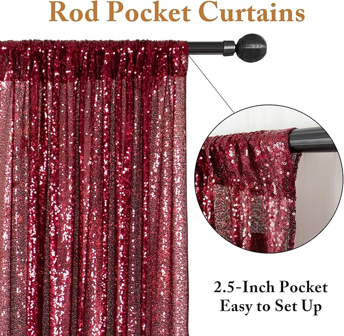 ShinyBeauty Sequin Curtains Panels Burgundy Backdrop Curtain 4 Pieces Photobooth Shimmer Background Glitter Fabric Maroon Christmas Backdrops Party Birthday Wedding Decor (2Ftx8Ft)
