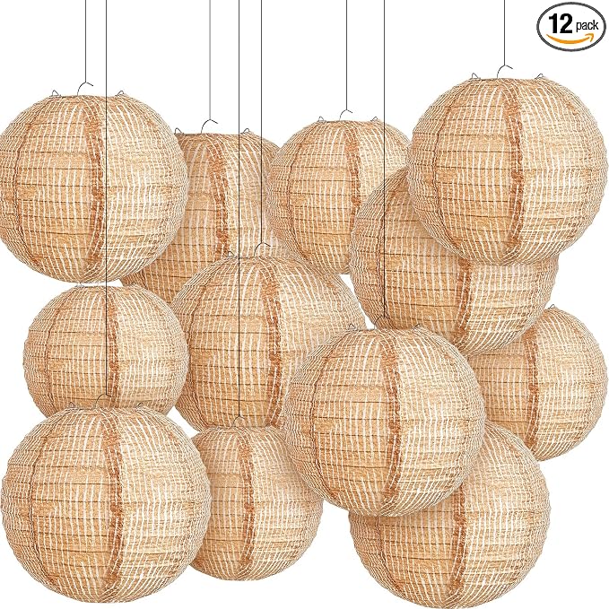 12 Pcs Print Burlap Paper Lanterns Round Chinese Paper Lanterns Farmhouse Boho by Hortsun