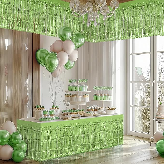 8 Pack Light Green Table Skirts, 29x108" Metallic Foil Tinsel Fringe Table Skirts for Rectangle Tables Streamer Curtains Backdrop, Party Decorations for Birthdays Weddings Holidays