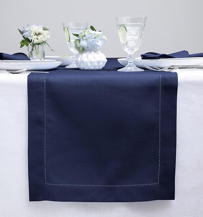 Solino Home Linen Navy Blue Table Runner 48 Inches - Classic Hemstitch, 100% Pure Linen Coffee Table Runner 14 x 48 Inch Ideal for Dresser Tables - Fall, Halloween, Thanksgiving, Christmas, Holiday