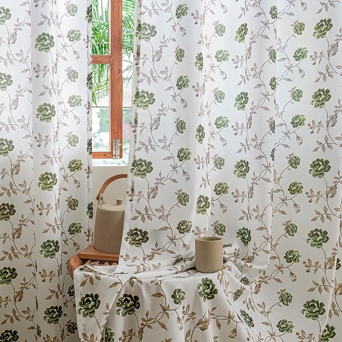 Beauoop Floral Sheer Curtains for Bedroom Green Brown 52x96 2 Panels | Semi - Image 9