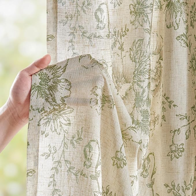 jinchan Green Floral Linen Curtains 54 Inch Vintage Back Tab 2 Panels | Light - Image 3
