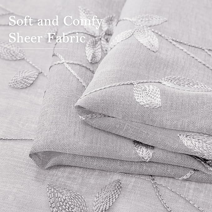 HOMEIDEAS Light Grey Sheer Curtains 2 Panels, Embroidered Vine Leaf, W52xL84 | - Image 5