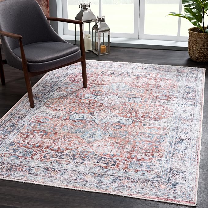 Bloom Rugs Washable Non-Slip 2x3 Rug - Brick/Dark Blue Traditional Oriental Area Rug for Living Room, Bedroom, Dining Room, and Kitchen - Exact Size: 2' x 3'
