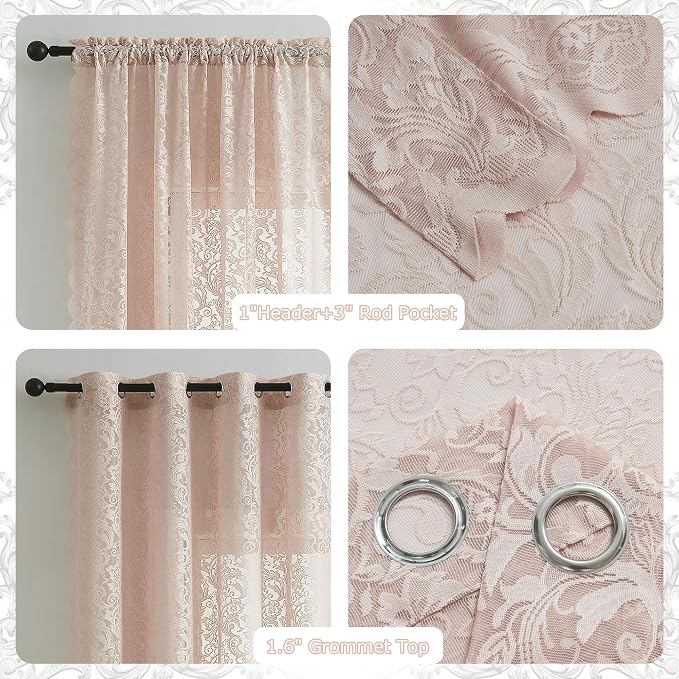 Bujasso Pink Sheer Lace Curtains 63 inch Vintage Floral Sheer Window Curtain - Image 4