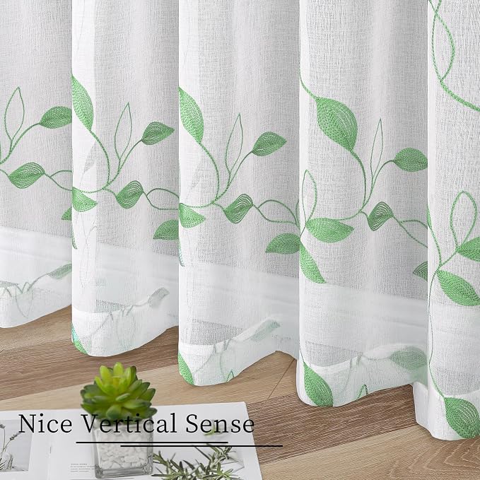 Tollpiz Green Leaf Sheer Curtain Bedroom 54 x 95 Inches | Leaves Embroidered - Image 4