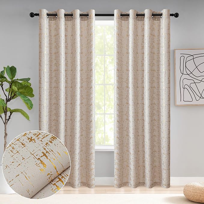 Taisier Home Gold Foil Print Linen Textured Curtains Geometric Dots Pattern - Image 2