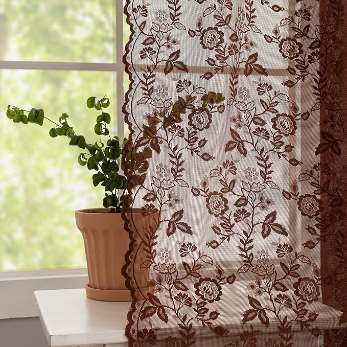 Chestnut Brown Sheer Curtains for Bedroom Rustic Floral 42x63 Inch 2-Panel | - Image 4