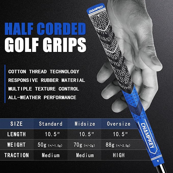 CHAMPKEY Half Cord Golf Grips 13 Pack with Golf Grip Kit - All Weather Performance Golf Club Grips - High Traction and Feedback Golf Grips for Men