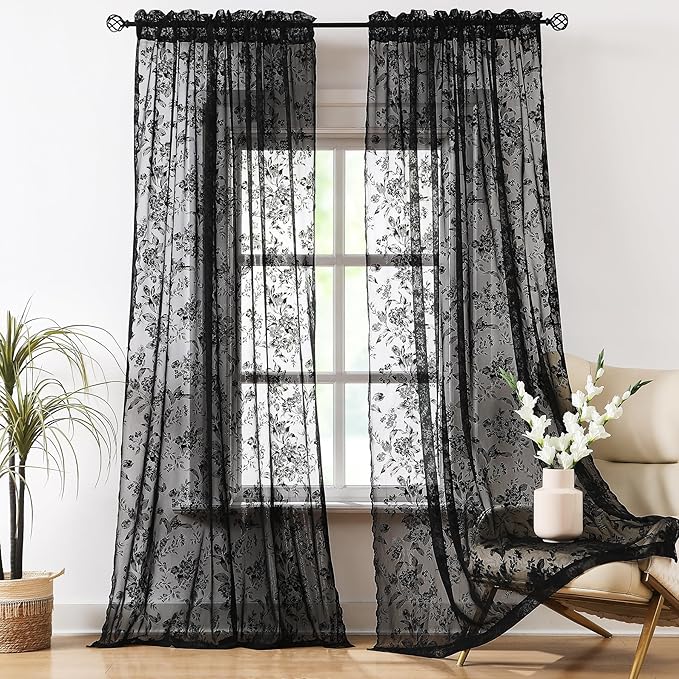 Treatmentex Black Floral Lace Curtains 63" Length - Image 2