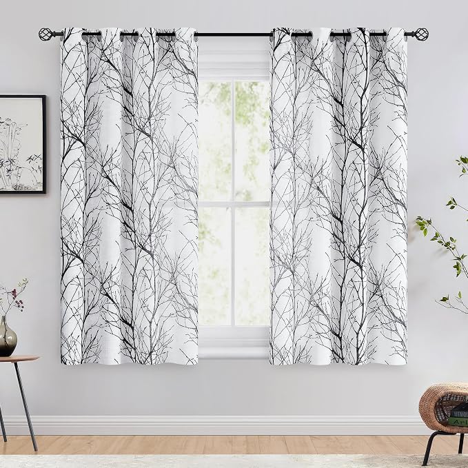 FMFUNCTEX Linen Black White Semi Sheer Print Curtains 54 Inch Long 2 Panels | - Image 2