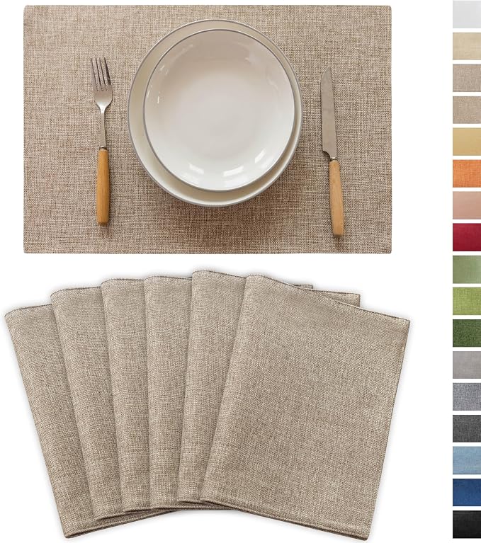 Demetex Linen Placemats Set of 6 Heat Resistant Wipeable Cloth Table Place Mats by DEMETEX