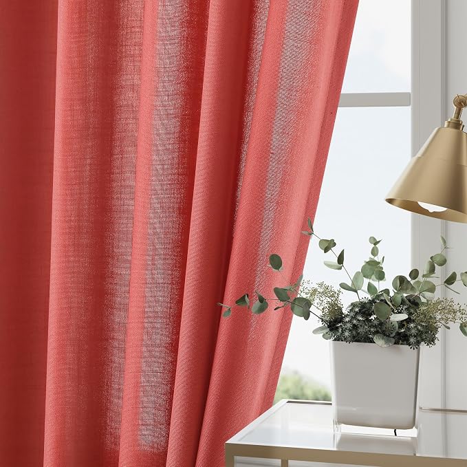 Watermelon Red Curtains 108 Inches Long 2 Panels, Semi Sheer Back Tab Loop - Image 2