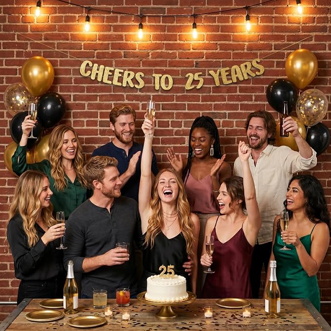 Pre-Strung Cheers to 25 Years Gold Glitter Banner - Image 3